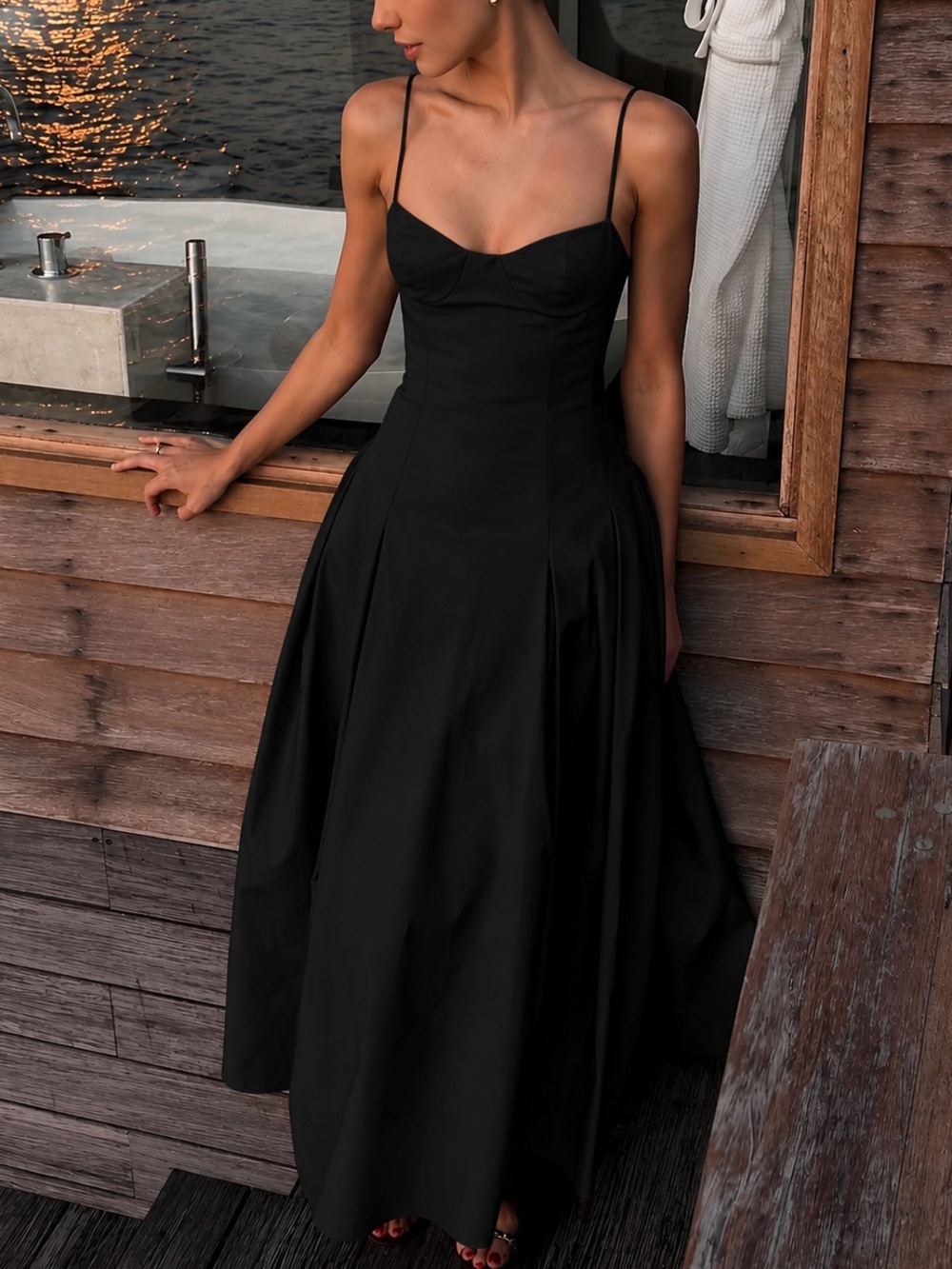 Commense Black Pleated Cami Maxi Dress NWT XS Minimalist Formal - Picture 1 of 9